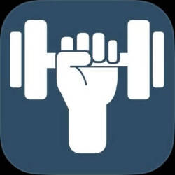 An app image of a white hand holding a dumbbell on a blue background.